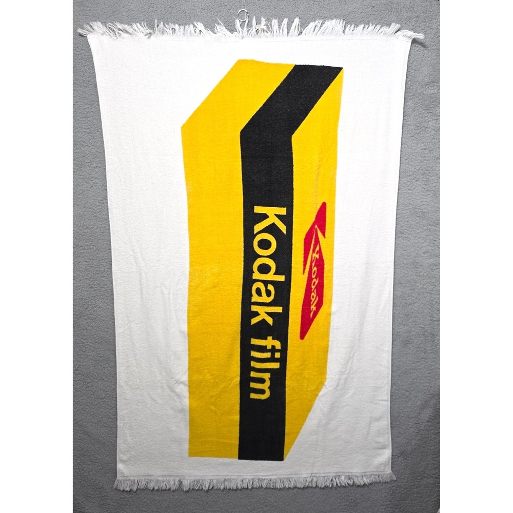 Vintage KODAK FILM Cannon Beach Towel White w/ Fringe 37x55 80s 90s